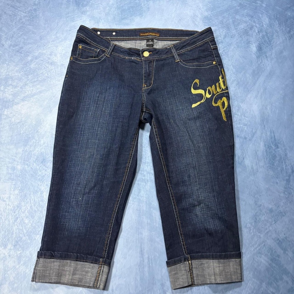 2000s women's Southpole navy blue jeans with gold embroidery